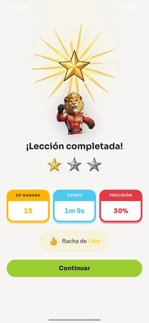 Pantalla de lección completada con estrellas y XP ganada
